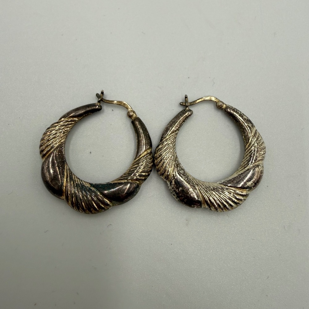 925 Sterling Silver Twisted Ribbed Hoop Shrimp Earrings OS Silver‎ Vintage 90s